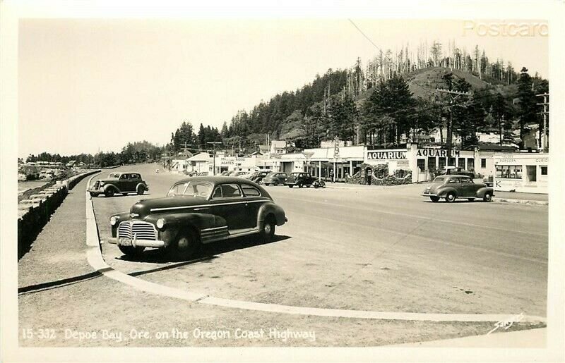 OR, Depot Bay, Oregon Coast Highway, 1940s Cars, Sawyers No. 15-332, RPPC