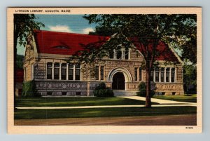 Augusta Maine-Maine, Lithgow Biblioteca, Vintage Lino Postal 
