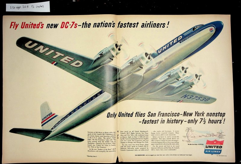 1954 Fly United Airlines DC-7 Airline SF to NY Vintage Print Ad 7021