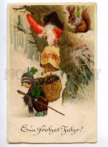 240214 NEW YEAR Dwarf GNOME & SQUIRREL Vintage Color postcard