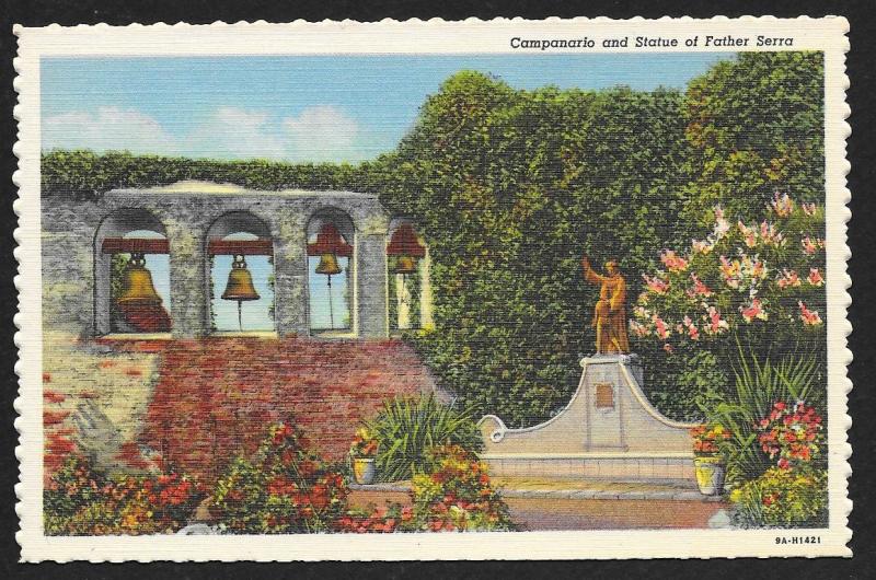 Campanario & Statue of Father Serra San Juan Capistrano California Unused c1939