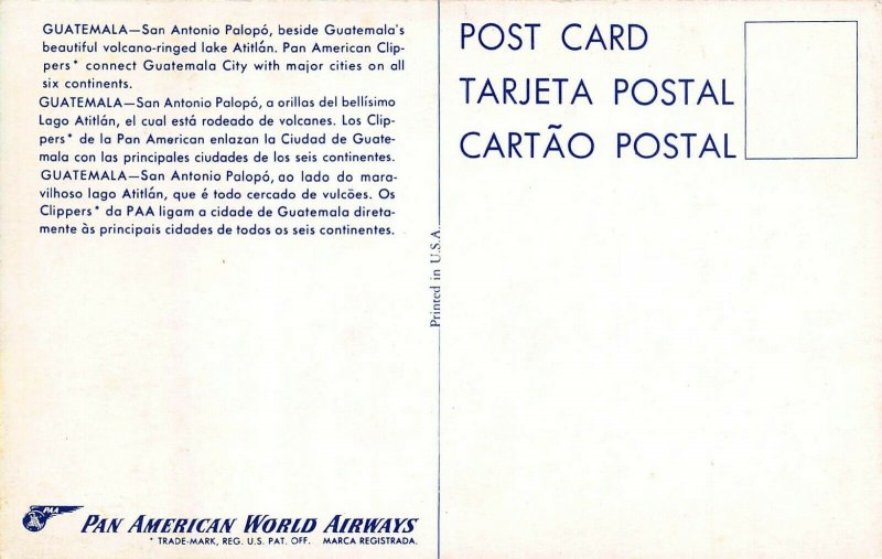 GUATEMALA~SAN ANTONIO POLOPO-LAKE ATITLAN~PAN AMERICAN WORLD AIRWAYS POSTCARD