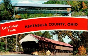 Banner, Greetings from Ashtabula County OH Covered Bridges Vintage Postcard C59