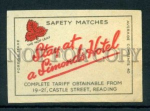 500759 UK Reading SIMONDS HOTEL ADVERTISING Old match label