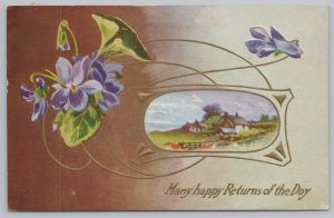 Greetings~Birthday~Home in Summer~Violets~Vintage Postcard