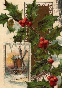 c1906 Christmas Holly Postcard Embossed Glitter Windmill Berries Antique Wishes 