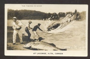 RPPC LACOMBE ALBERTA CANADA FISHING EXAGGERATION VINTAGE REAL PHOTO POSTCARD