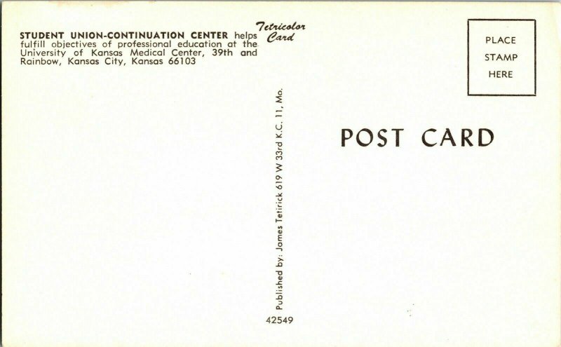 Student Union Continuation Center Tetricolor Card Postcard University Kansas 