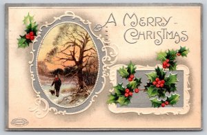 Greetings~A Merry Christmas~Dog Walking Scene~PM 1911~Emb~BB London Postcard