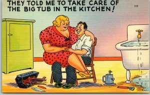 Vintage Linen Comic Woman's on the Plumbers Lap Risqué UNUSED