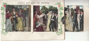 British humour mechanical postcard comic before and after the wedding couple