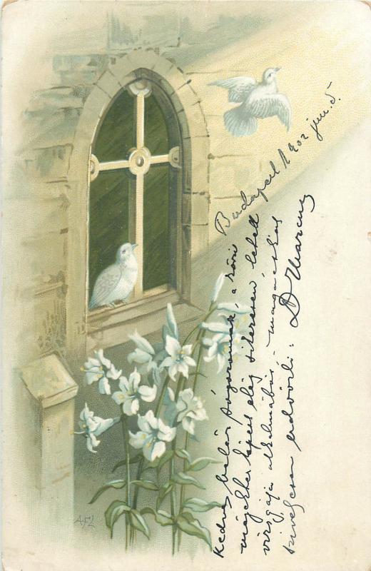 Vintage 1900s chromo litho white doves floral fantasy AFL signed