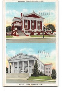 Jonesboro Arkansas AR Postcard 1942 Methodist and Baptist Church