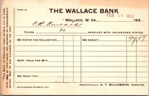 Postcard WV Wallace Bank 1922 Bank Receipt