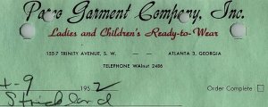 1952 Parco Garment Company Inc Trinity Ave Atlanta GA Clothes Invoice 16-26