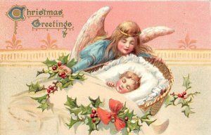 CHRISTMAS HOLIDAY ANGEL & BABY EMBOSSED RAPHAEL TUCK POSTCARD (c. 1910)