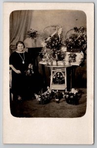 RPPC Lovely Old Woman Posing With Funeral Flower Display c1920s Postcard Q23