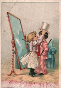 1880s-90s Boy and Girl Dressing Up Top Hat & Cain Viewing in Mirror Trade Card 