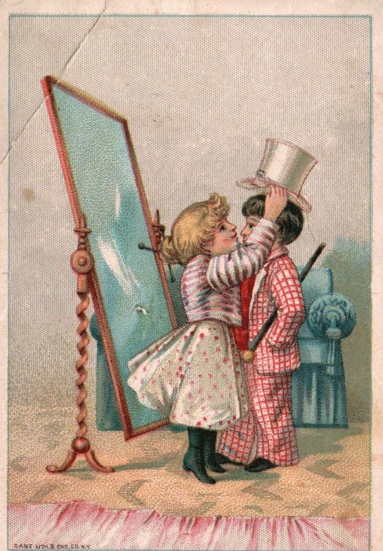 1880s-90s Boy and Girl Dressing Up Top Hat & Cain Viewing in Mirror Trade Card