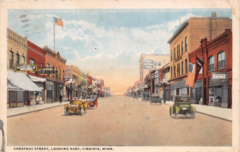 VIRGINIA MINNESOTA CHESTNUT STREET LOOKING EAST POSTCARD c1920 SIGNS AND CARS 