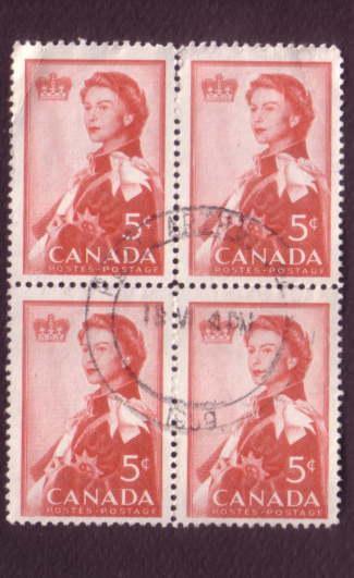 Canada, Used Block of Four, Elizabeth II Commemerative, 5 Cent, Scott #386, N...