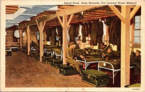 Postcard MO Fort Leonard Wood Squad Room Army Barracks Soldiers WWII 1940s S82