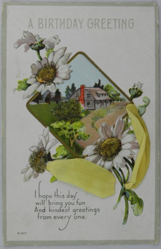 A Birthday Greeting Full of Flowers Road to Home - Vintage Postcard