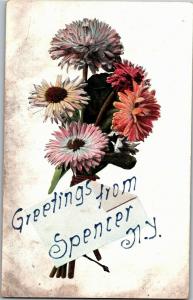 Greetings from Spencer NY Flowers Bouquet Vintage Postcard P05