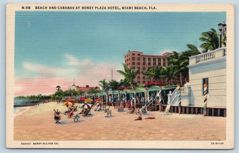 Postcard FL Miami Beach Beach Cabanas Roney Plaza Hotel Vintage Linen B07