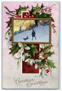 1911 Christmas Greetings Boy And His Dog Hunting Holly Flowers Embossed Postcard 