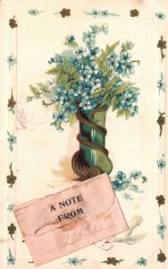 Vintage Postcard 1908 A Note From Greetings Envelope & Beautiful Flowers in Vase