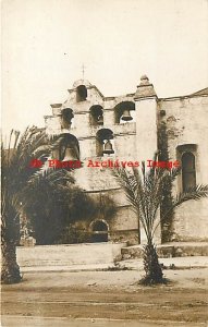 CA, San Gabriel, California, RPPC, San Gabriel Mission Bells, Palm Trees