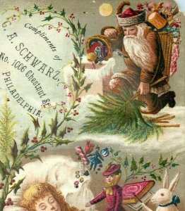 1880 G.A. Schwarz Christmas Expo. Tree Brown Coat Santa Claus Toys #5B