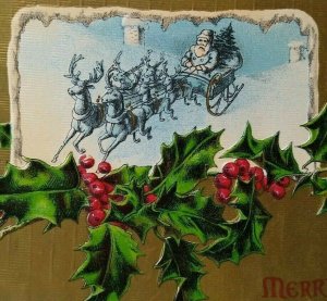 Santa Claus Christmas Postcard Blue Reindeer Holly HI Robbins 1908 Unused 1062