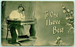 Romance To One I Love Best Woman Writing Letter UNP Unused DB Postcard F6