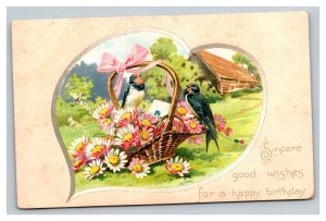 Vintage 1910's Tuck's Birthday Postcard Cute Bird Basket of Flowers Love Note