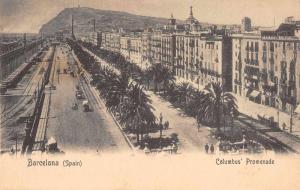 Barcelona Spain birds eye view Columbus Promenade antique pc Z23532