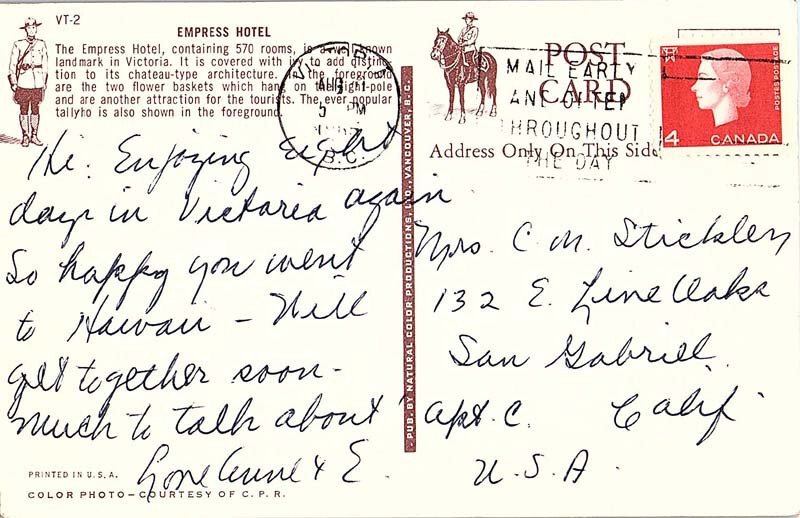 Postcard HOTEL SCENE Victoria British Columbia BC AI8426