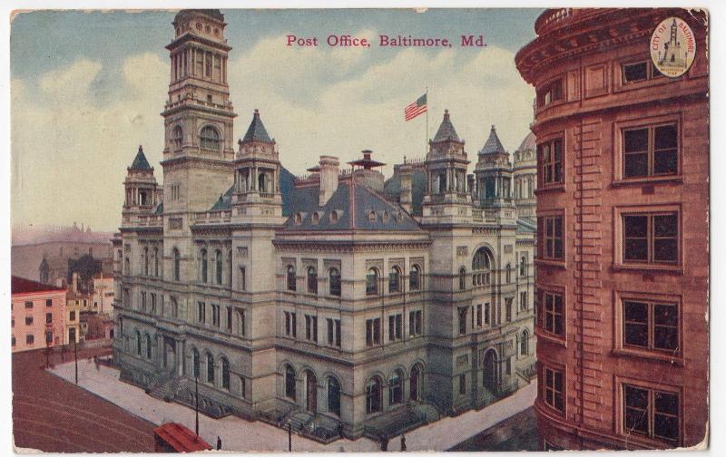 USA; Post Office, Baltimore, MD PPC 1911 Nuneaton PMK To Mr Mosley, Dewsbury 