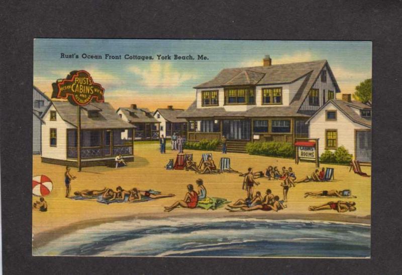 ME Rust's Ocean Front Cabins Cottages YORK BEACH MAINE Postcard Linen PC