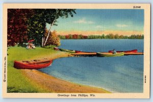 Philips Wisconsin WI Postcard Greetings Boats On Shore Scenic View c1940 Vintage