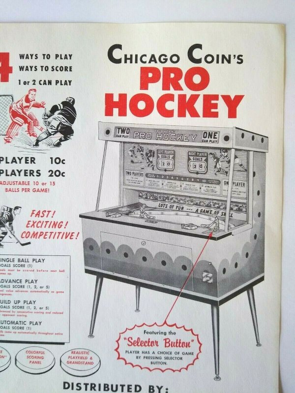 Chicago Coin Pro Hockey Arcade FLYER 1961 Original NOS Mechanical Game Artwork