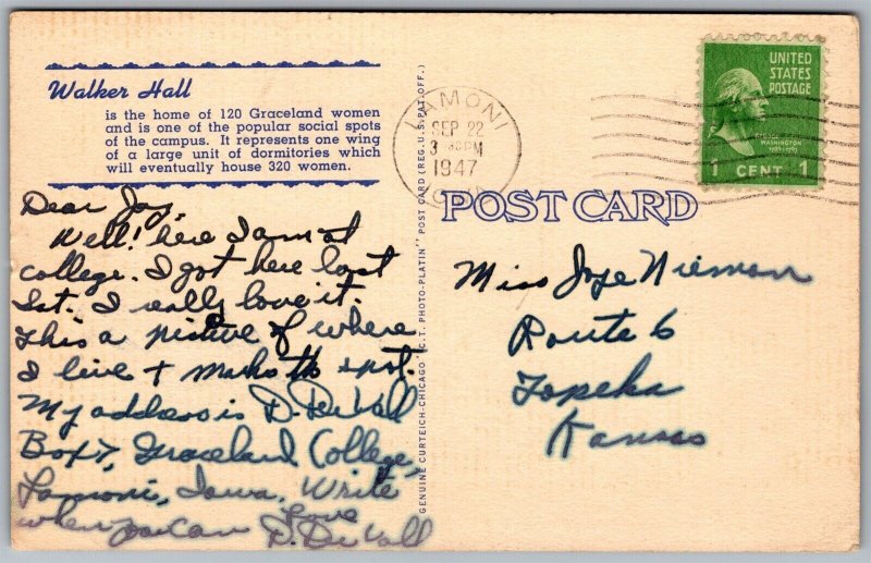 Vtg Lamoni Iowa IA Walker Hall Graceland College 1940s View Postcard