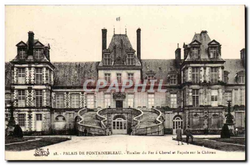 Postcard Old Palace of Fontainebleau iron staircase horse and frontage on the...