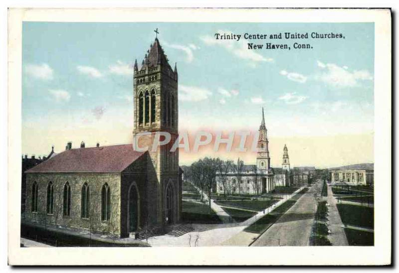 Postcard Old Trinity Center and United churches New Haven