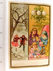 1879 Lovely Winter Christmas Girls With Dolls Victorian Trade Card F49