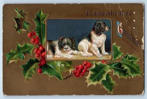 Christmas Postcard Cute Dogs And Holly Berries Embossed Newark New Jersey NJ