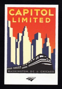 Amtrak Railroad Train Capitol Limited, Washington DC,Chicago, IL, Deco, Postcard