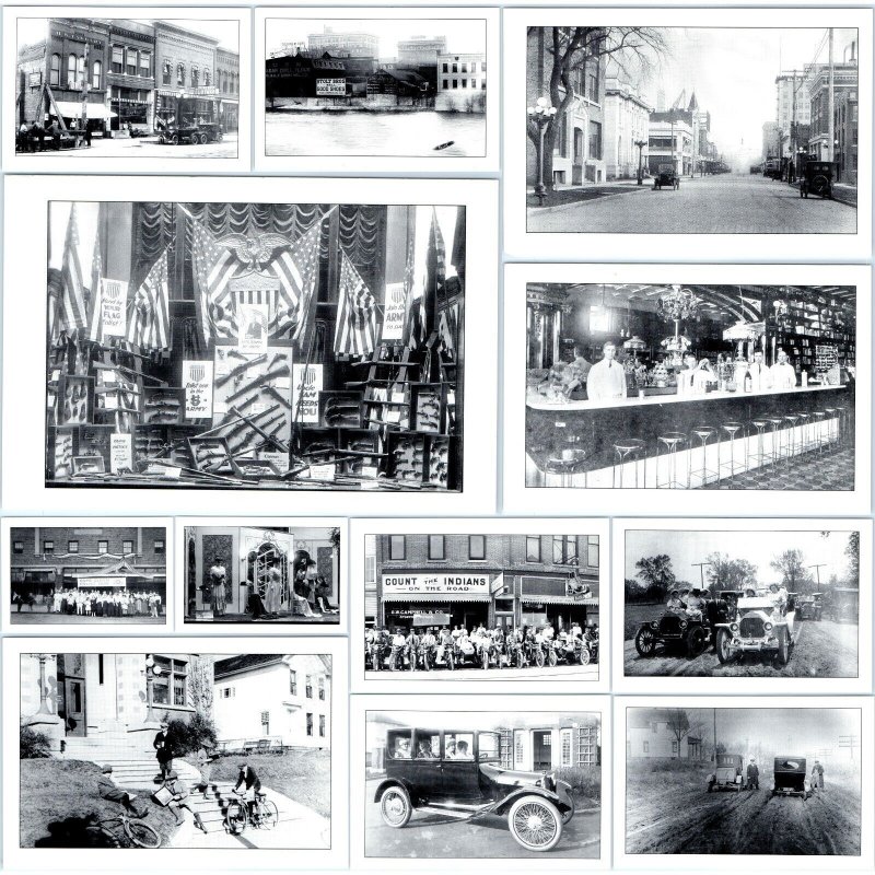 x12 1910s Repro LOT Waterloo IA Chrome Photo Downtown Postcards Motorcycle 5E