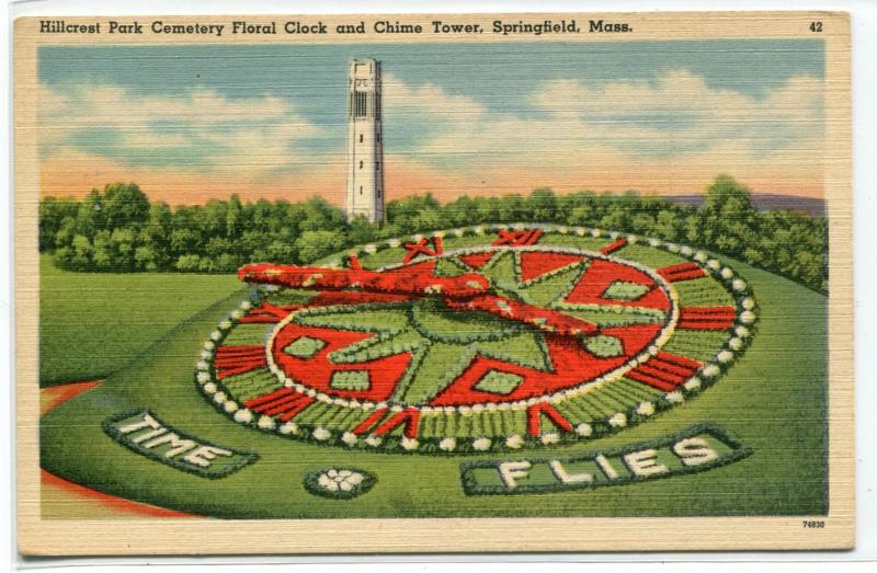 Floral Clock Hillcrest Park Cemetery Chime Tower Springfield MA postcard